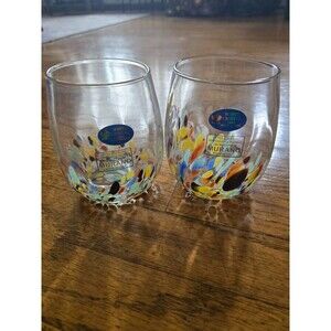 Murano Set of 2 Crystal Confetti Stemless Glasses Hand Blown Italy New